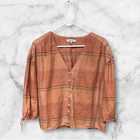Madewell morning view peach Orange Puff Sleeve plaid Blouse small boxy loose fit - Picture 2 of 9